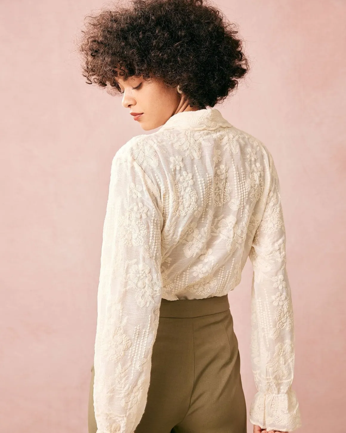The Beige Lapel Embroidery Long Sleeve Blouse