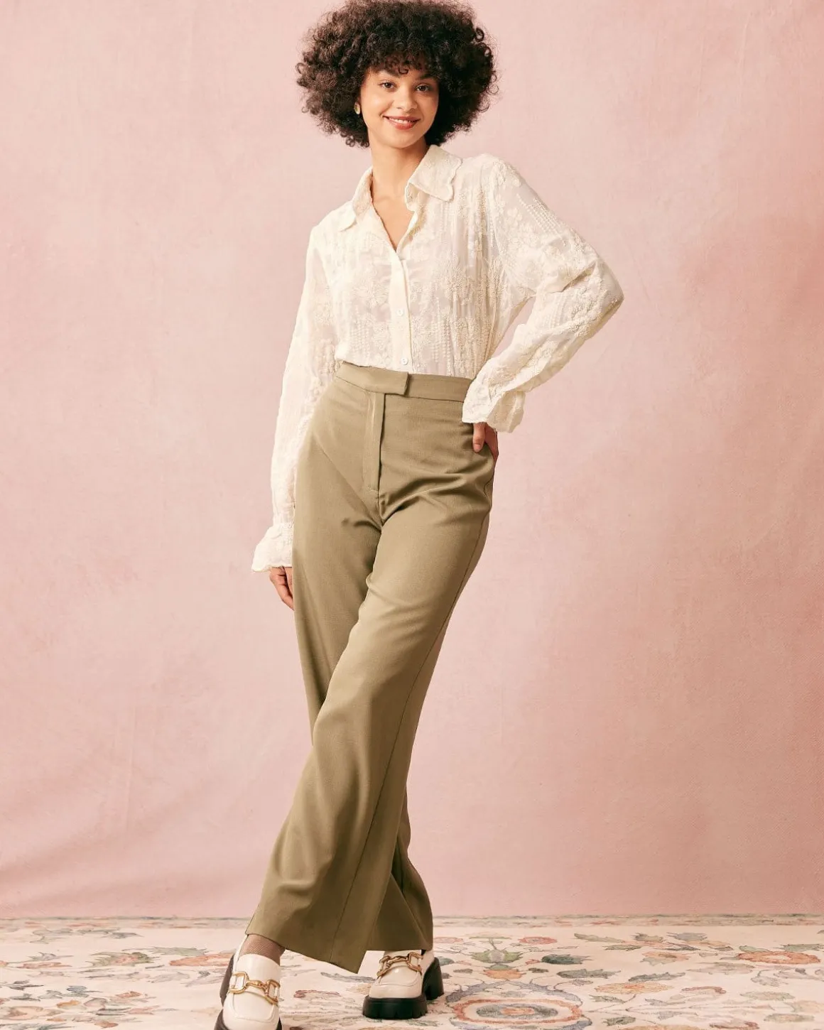 The Beige Lapel Embroidery Long Sleeve Blouse