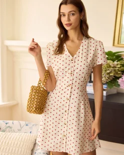 The Beige Polka Dot Button Mini Dress