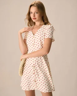 The Beige Polka Dot Button Mini Dress