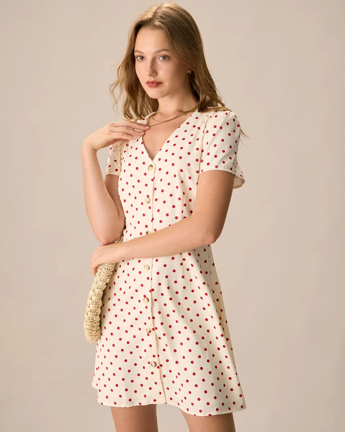 The Beige Polka Dot Button Mini Dress
