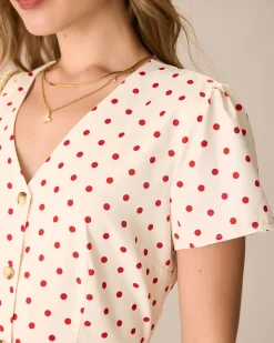 The Beige Polka Dot Button Mini Dress