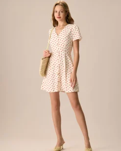 The Beige Polka Dot Button Mini Dress