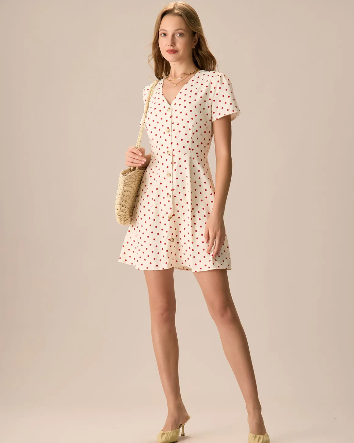 The Beige Polka Dot Button Mini Dress