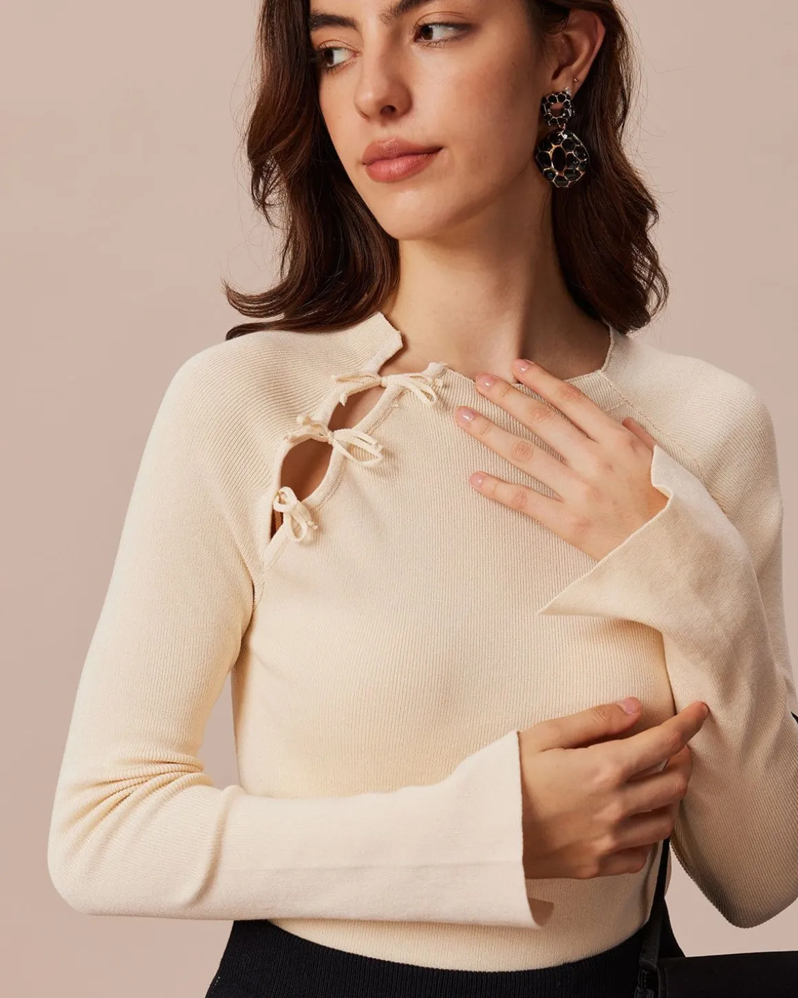 The Beige Ribbed Cut Out Bowknot Knit Top