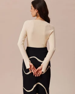 The Beige Ribbed Cut Out Bowknot Knit Top