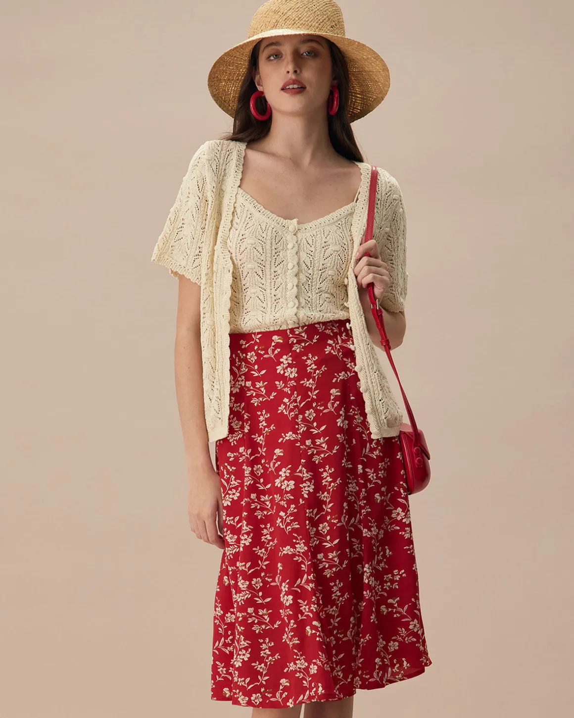 The Beige V Neck Pointelle Button Knit Cardigan
