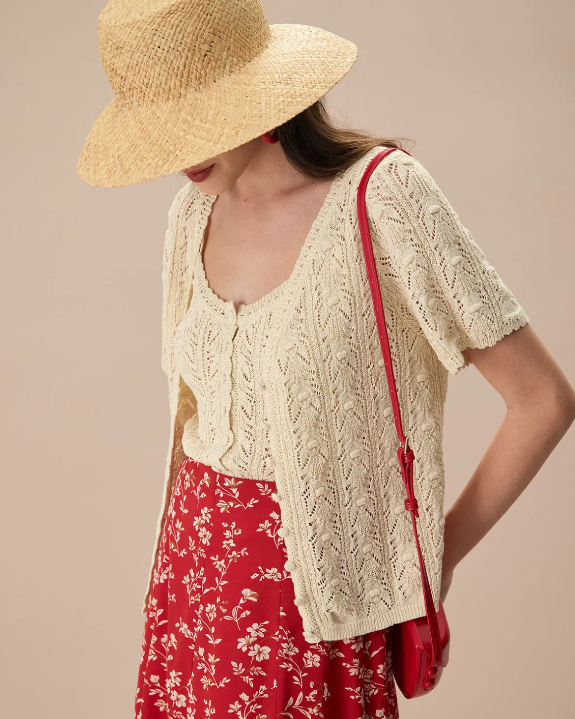 The Beige V Neck Pointelle Button Knit Cardigan