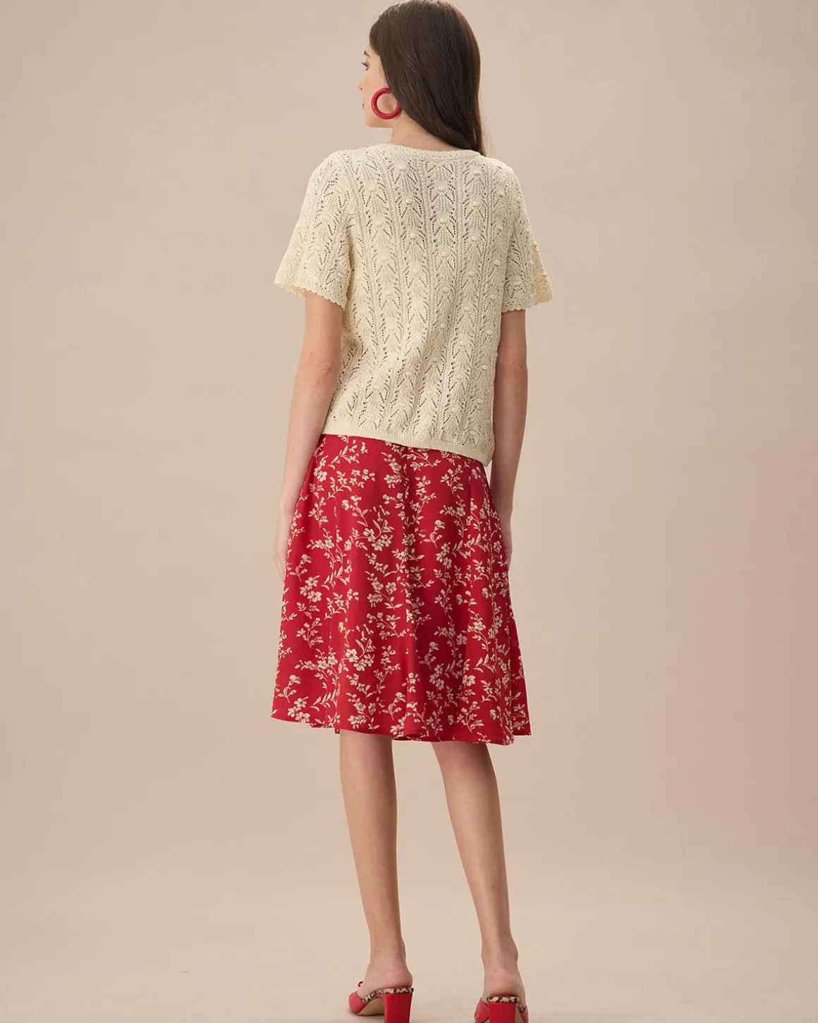 The Beige V Neck Pointelle Button Knit Cardigan