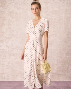 The Beige V Neck Polka Dot Button Midi Dress