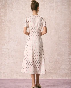 The Beige V Neck Polka Dot Button Midi Dress