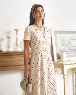 The Beige V Neck Polka Dot Button Midi Dress