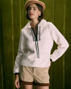The Beige V Neck Spliced Teddy Sweatshirt