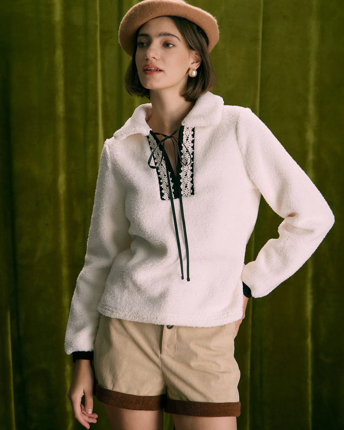 The Beige V Neck Spliced Teddy Sweatshirt
