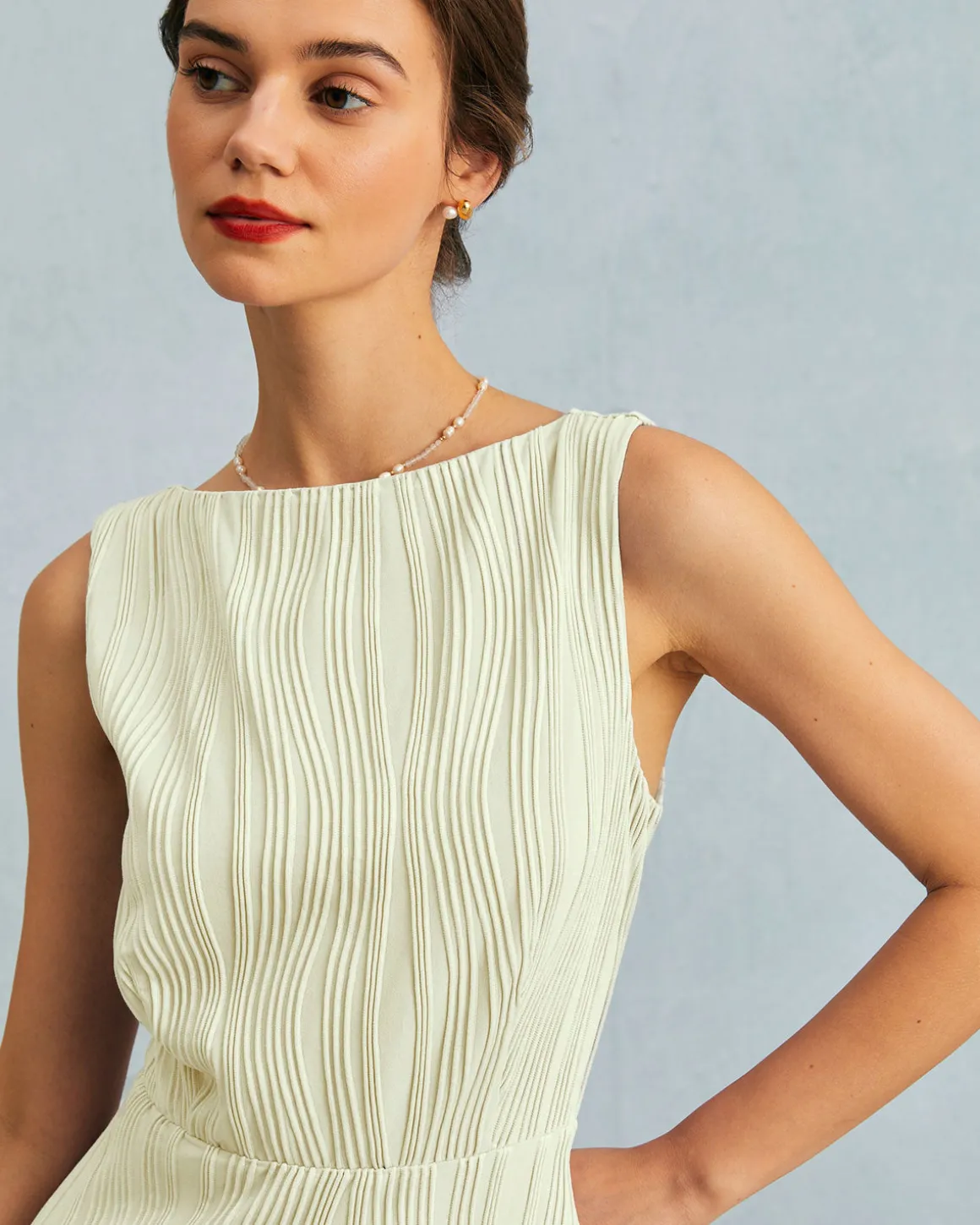 The Beige Water Ripple Textured Sleeveless Mini Dress