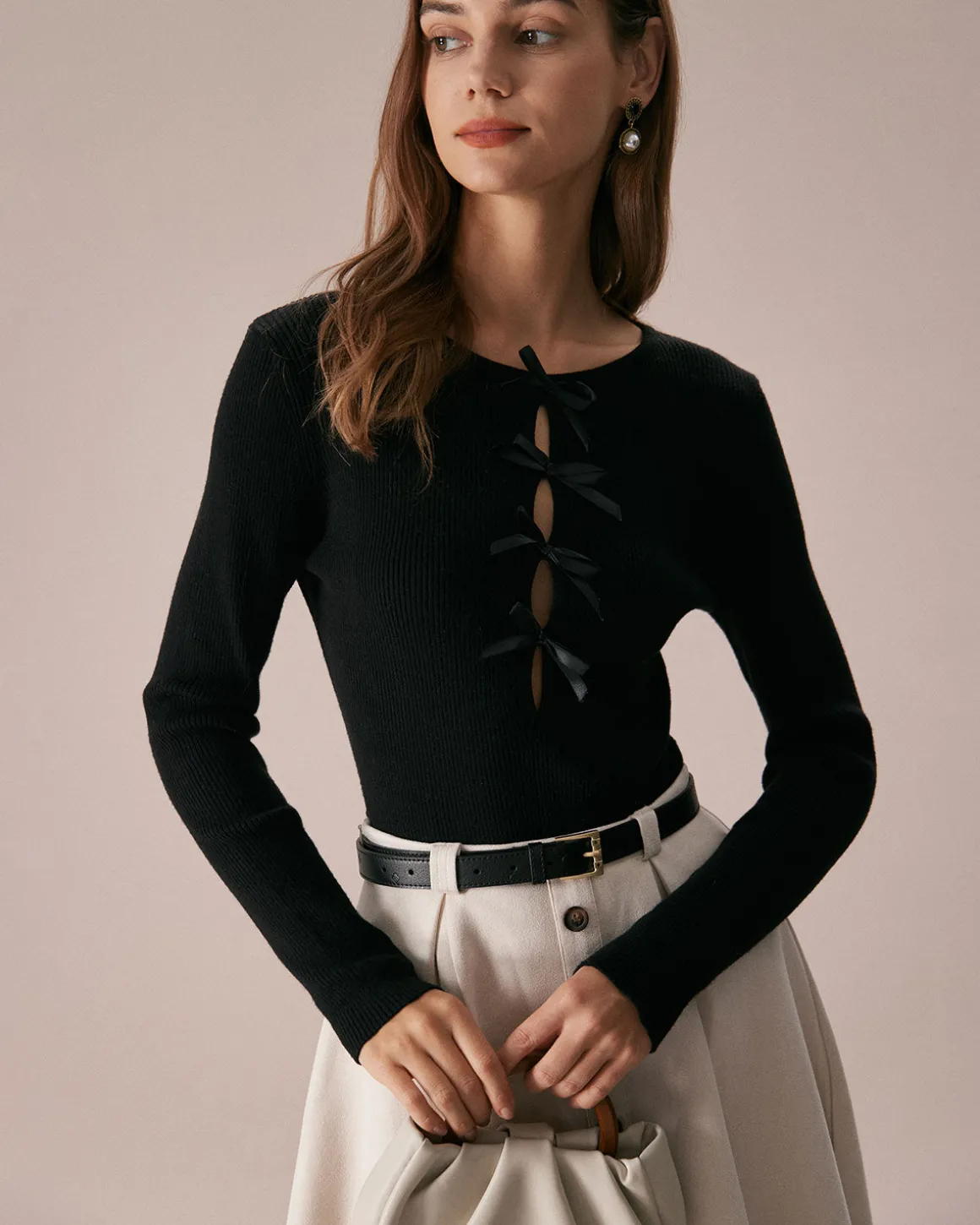 The Black Boat Neck Bowknot Front Knit Top