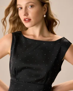 The Black Boat Neck Bowknot Satin Mini Dress