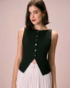 The Black Boat Neck Button Tank Top