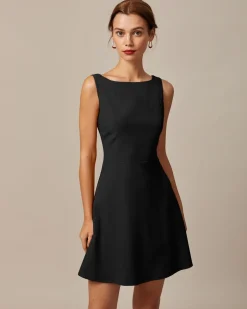 The Black Boat Neck High Waisted Mini Dress