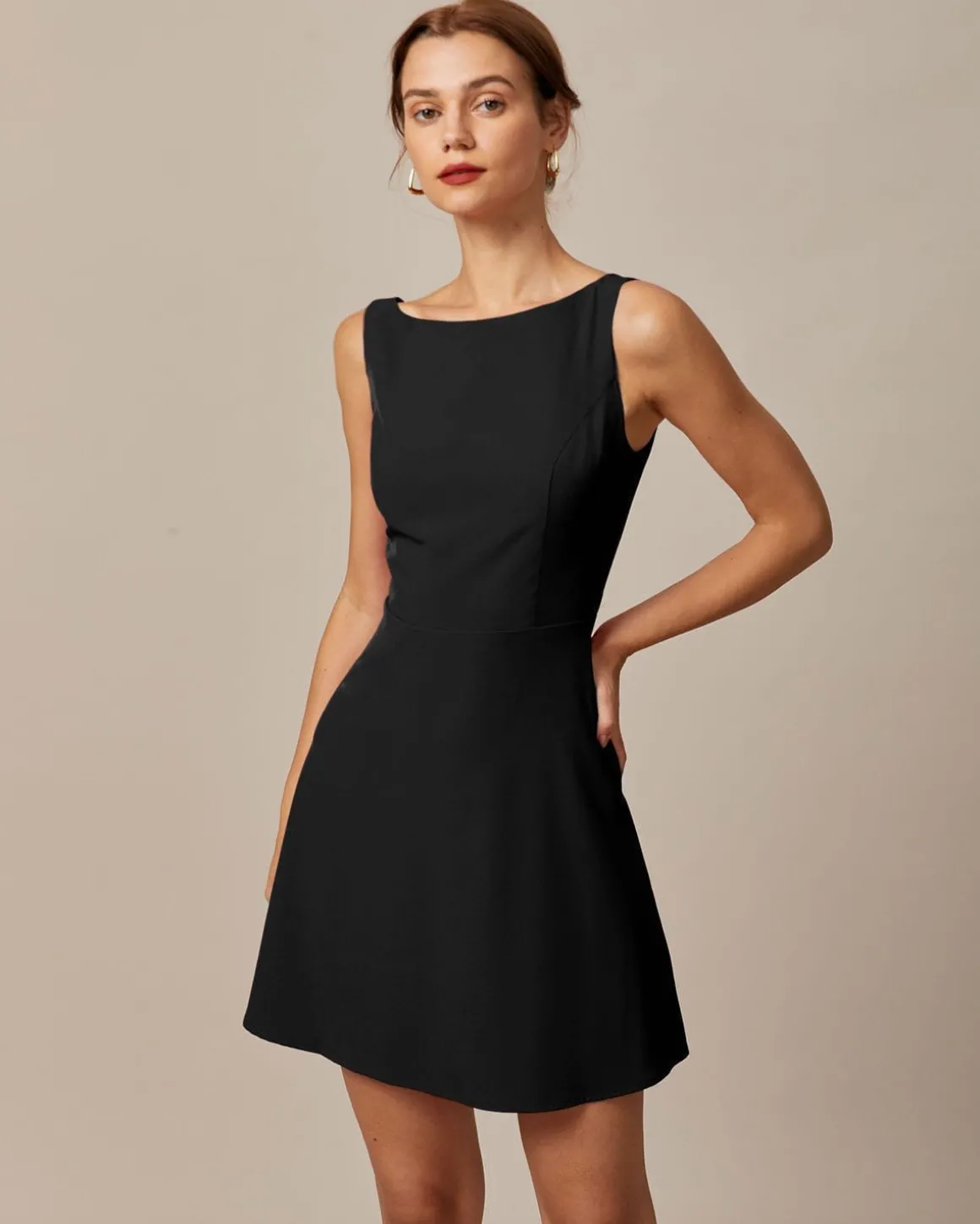 The Black Boat Neck High Waisted Mini Dress