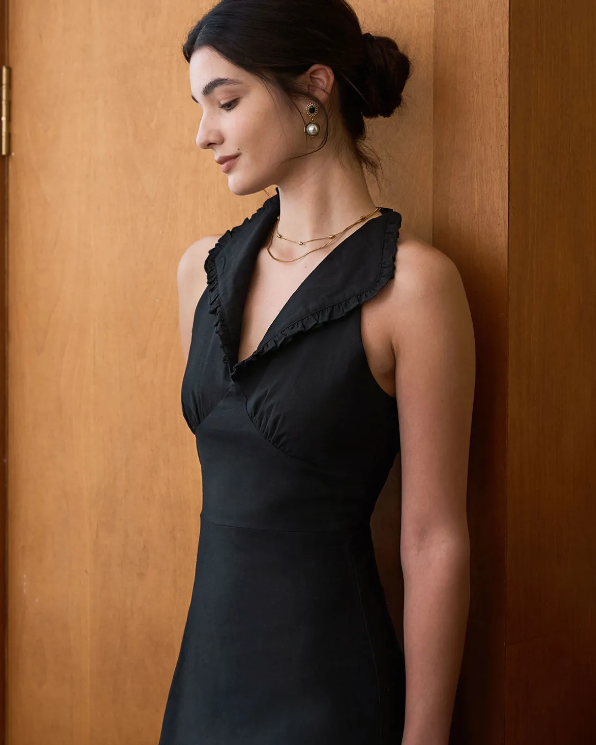 The Black Collared Frill Trim Linen Maxi Dress