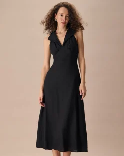 The Black Collared Frill Trim Linen Maxi Dress