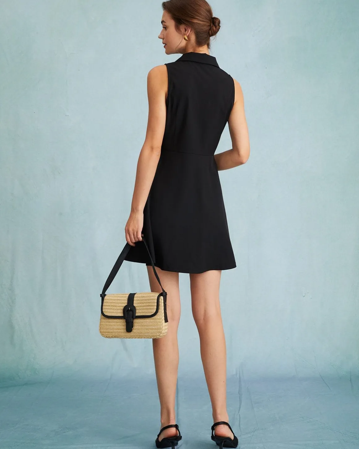 The Black Collared Sleeveless A Line Shirt Mini Dress