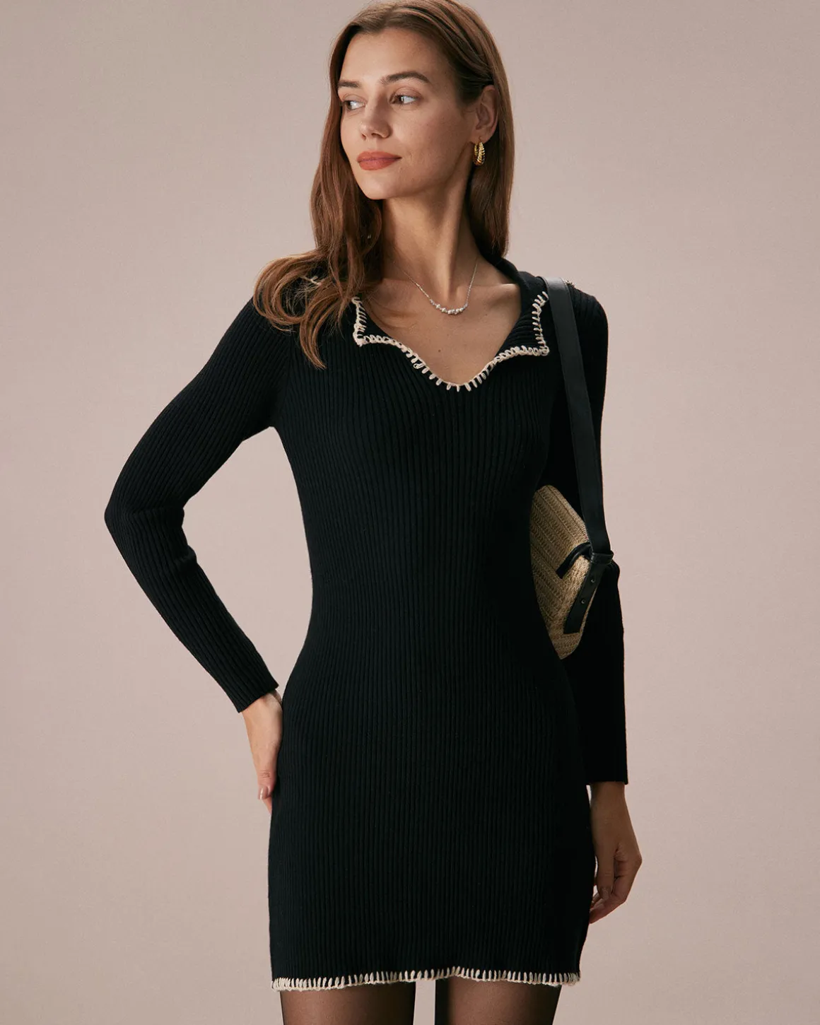 The Black Contrast Stitch Sweater Mini Dress