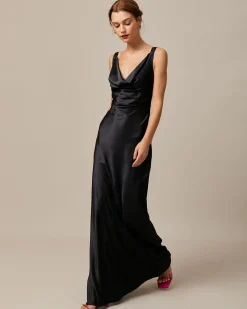 The Black Cowl Neck Sheath Satin Maxi Dress