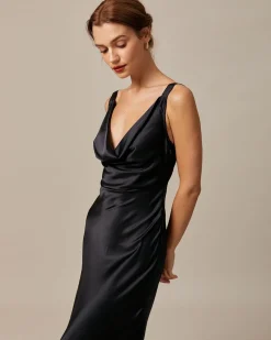 The Black Cowl Neck Sheath Satin Maxi Dress