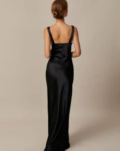 The Black Cowl Neck Sheath Satin Maxi Dress