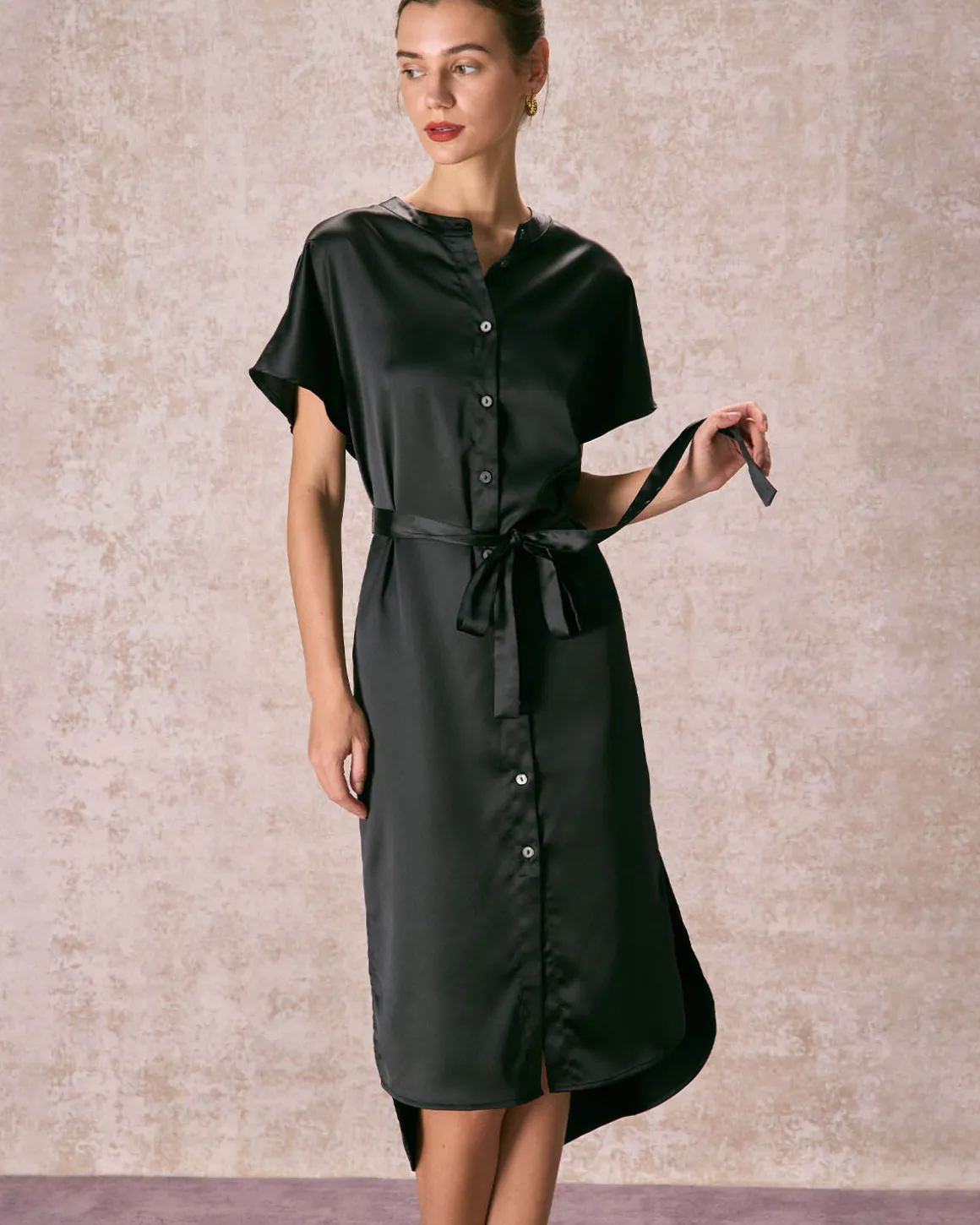The Black Crew Neck Belted Satin Midi Dress