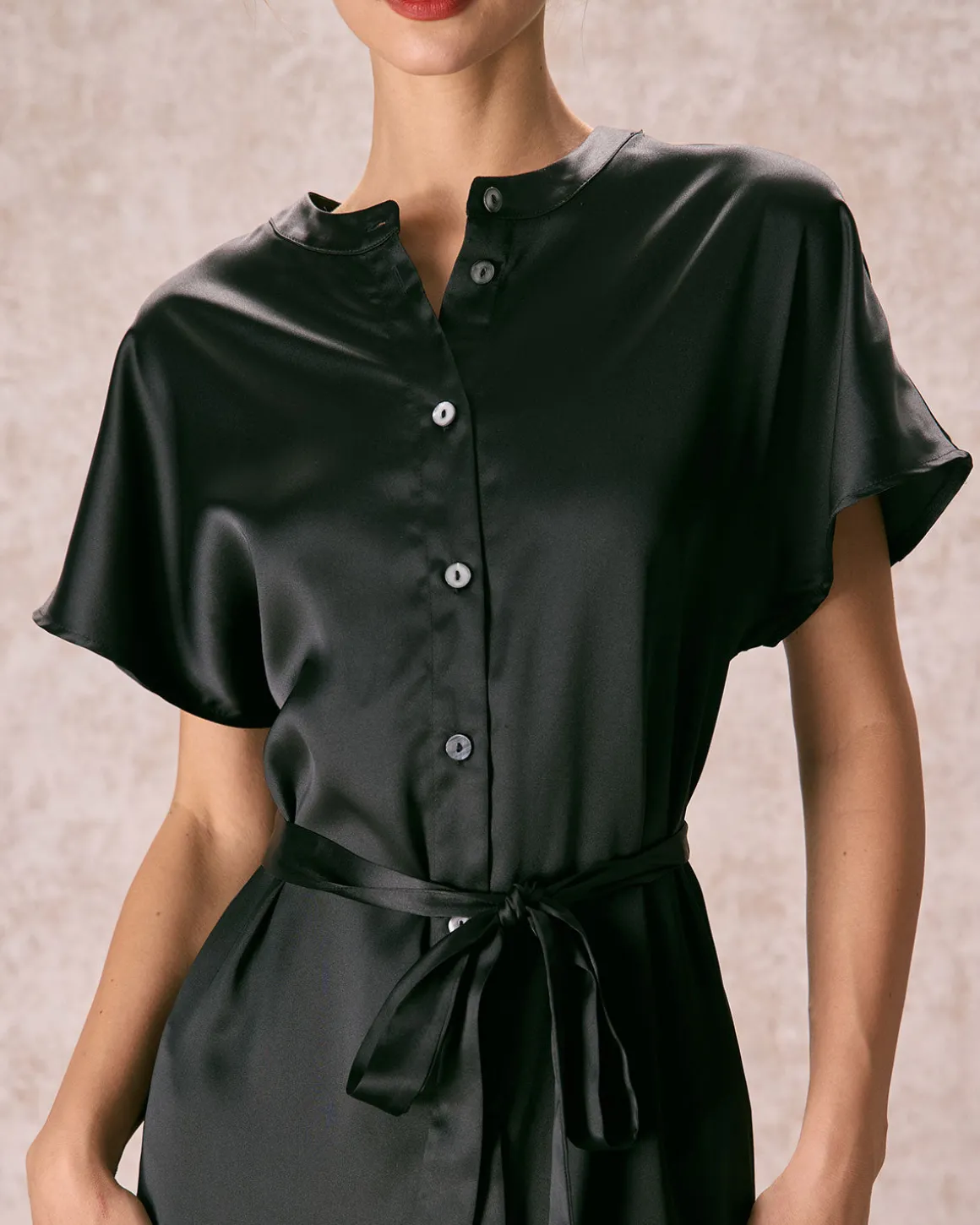The Black Crew Neck Belted Satin Midi Dress