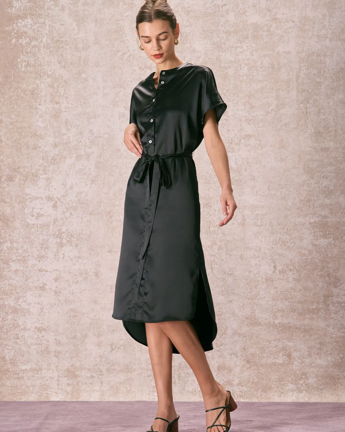 The Black Crew Neck Belted Satin Midi Dress