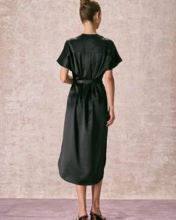 The Black Crew Neck Belted Satin Midi Dress