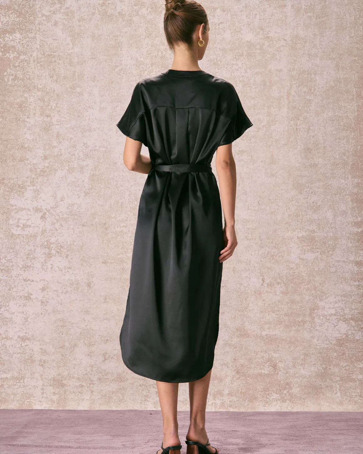 The Black Crew Neck Belted Satin Midi Dress