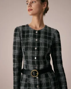 The Black Crew Neck Plaid A-Line Mini Dress