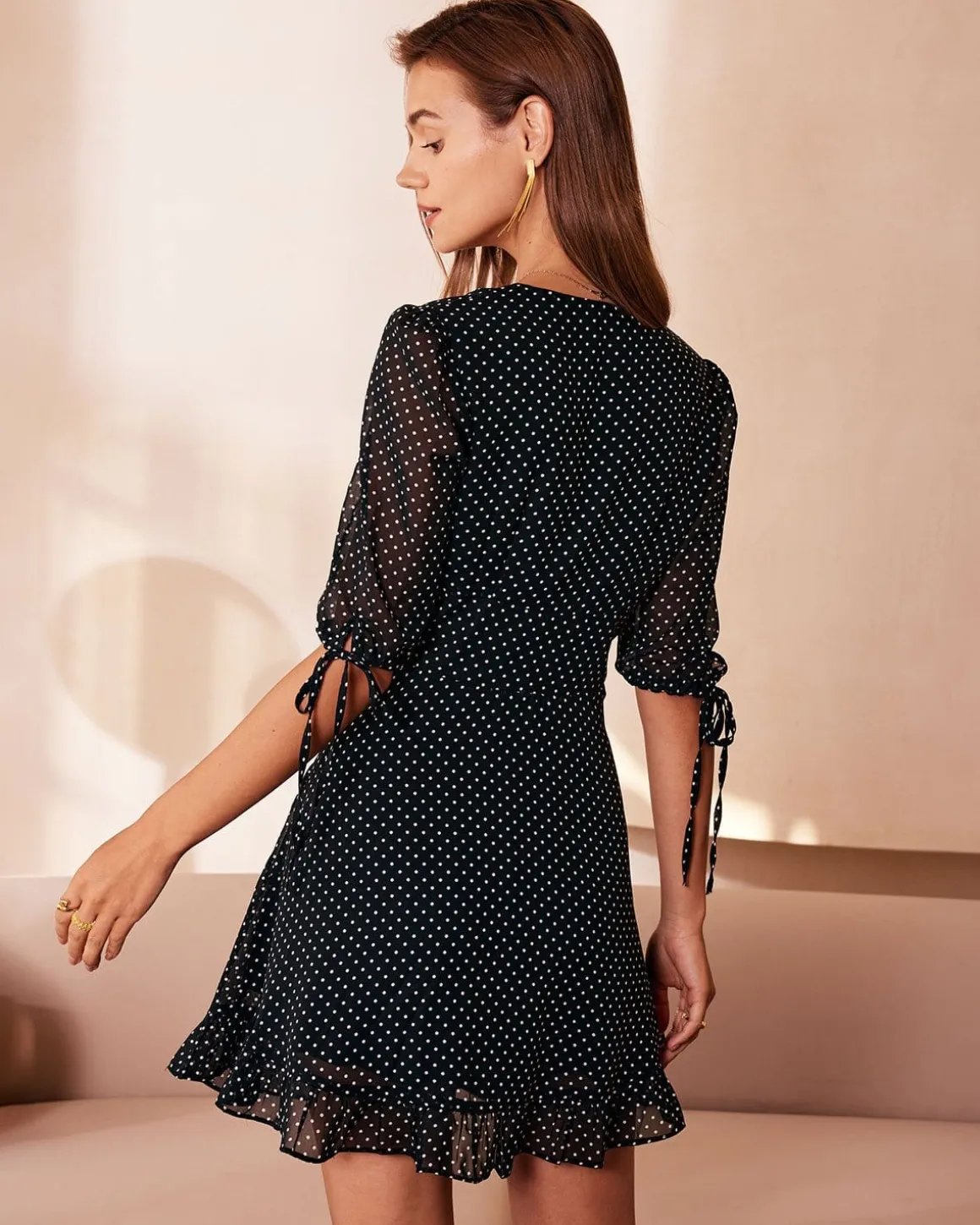 The Black Deep V Neck Polka Dot Mini Dress