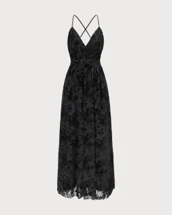 The Black Floral Flocked Mesh Slit Maxi Dress