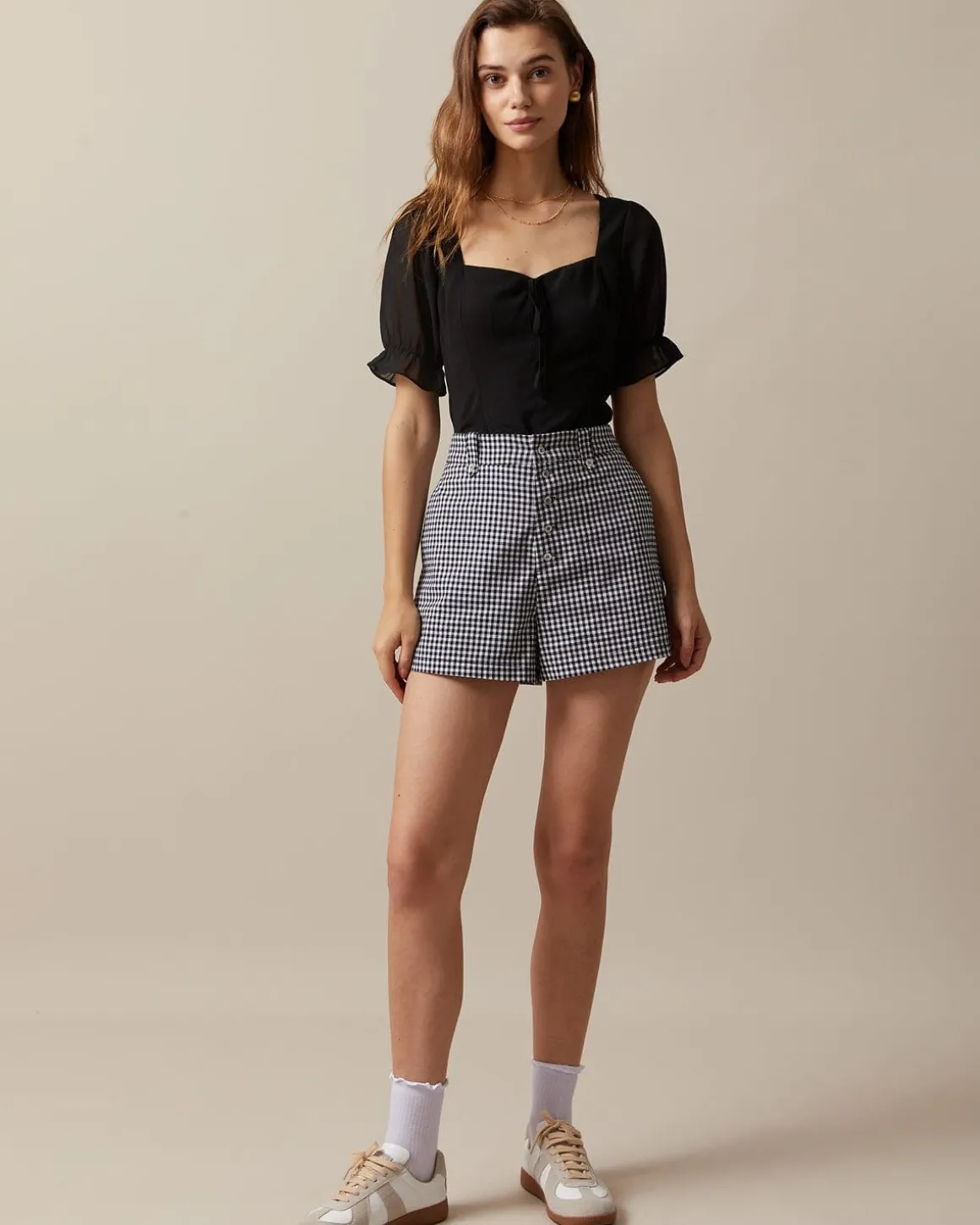 The Black High Waisted Button Up Plaid Shorts