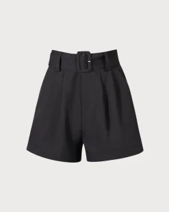The Black High-waisted Pleated Belted Shorts