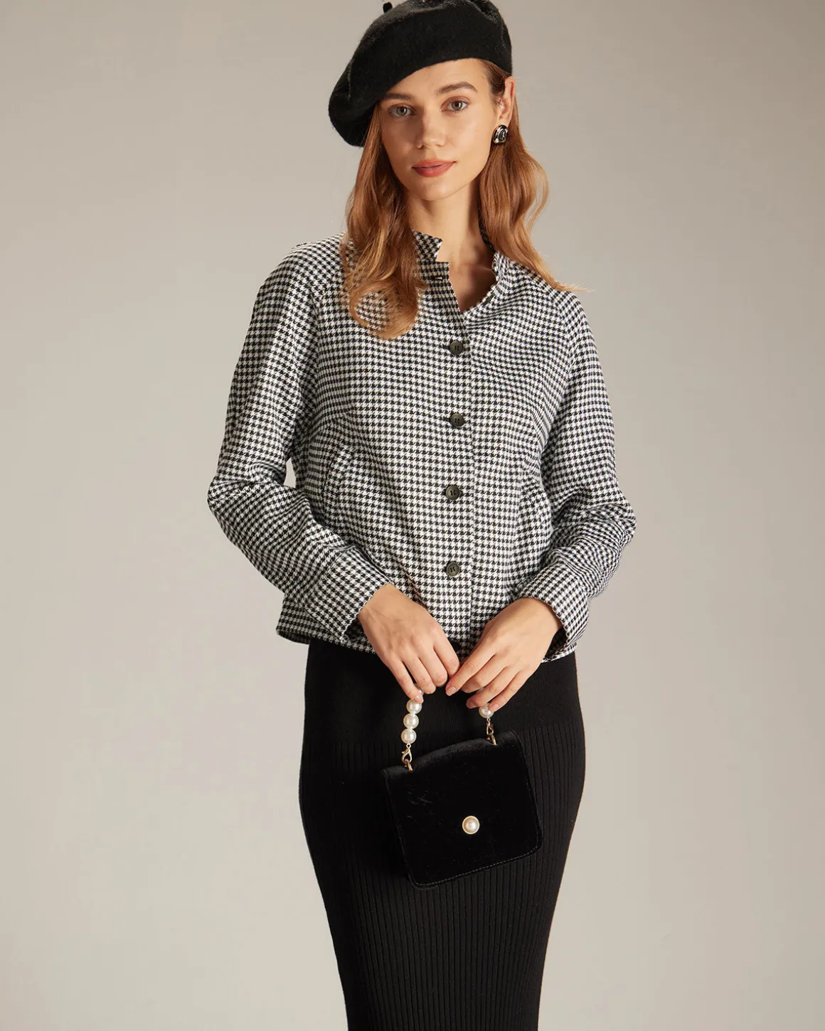 The Black Mock Neck Houndstooth Jacket