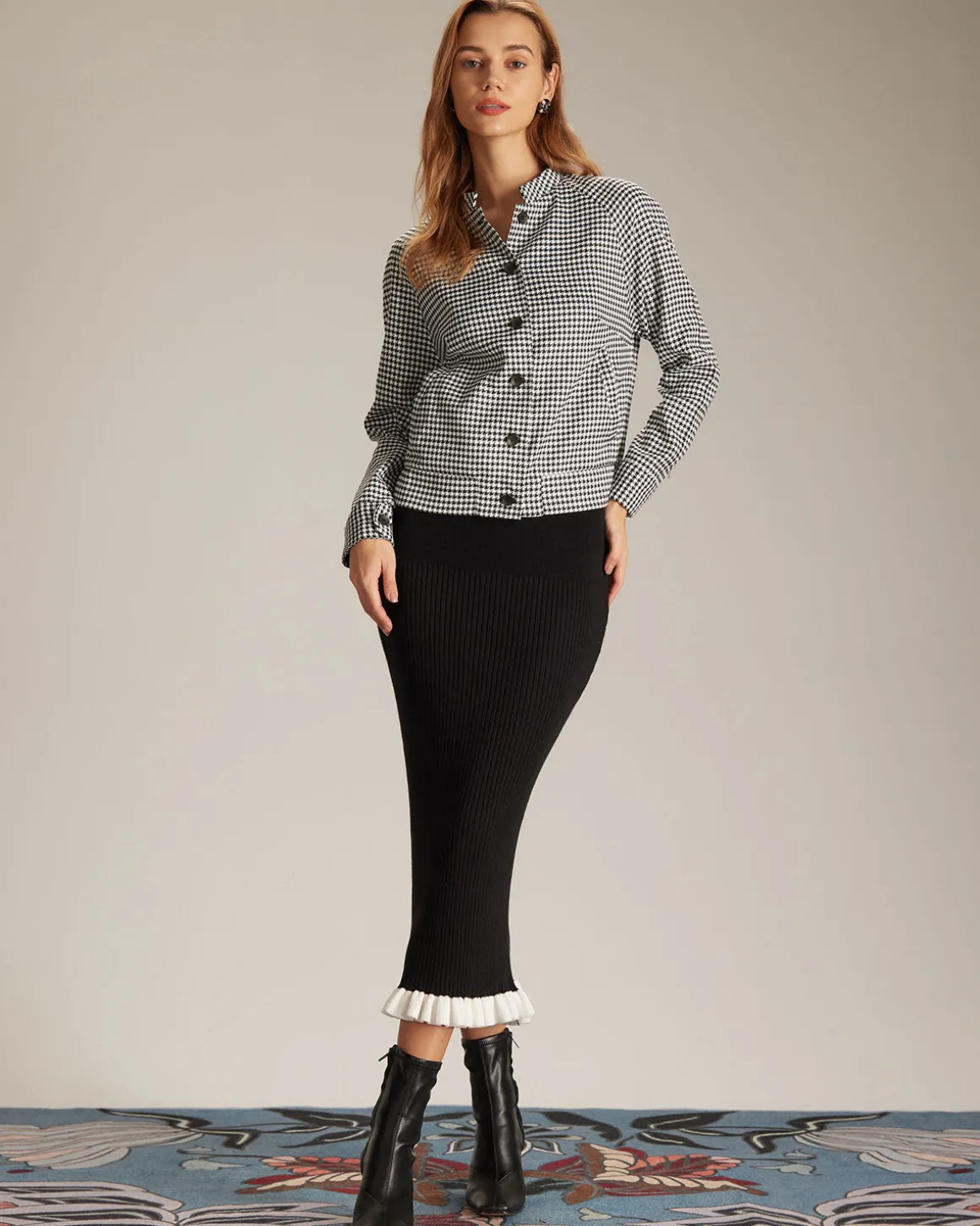 The Black Mock Neck Houndstooth Jacket