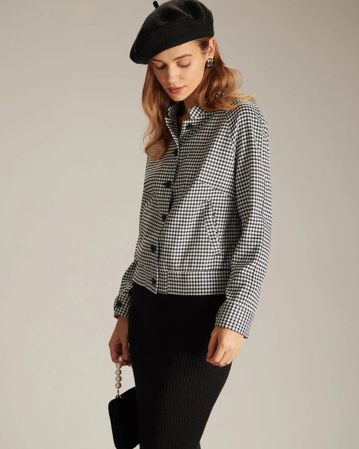 The Black Mock Neck Houndstooth Jacket