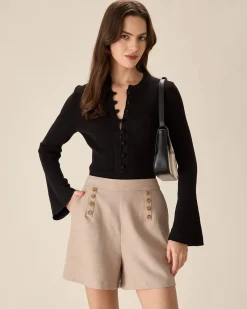 The Black Round Neck Button Up Knit Top