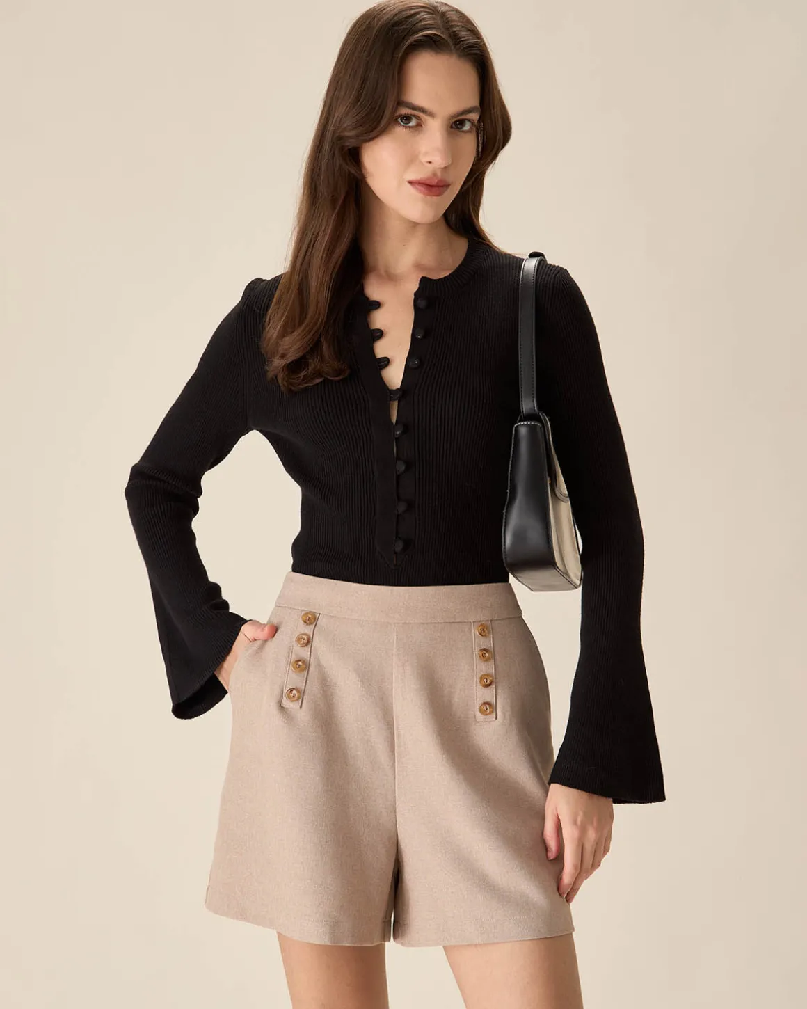 The Black Round Neck Button Up Knit Top