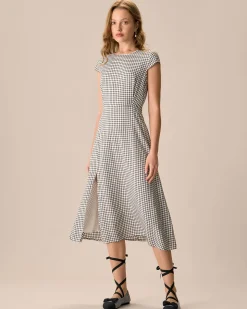 The Black Round Neck Cap Sleeve Plaid Midi Dress