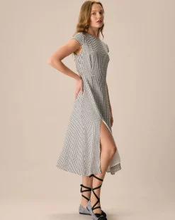 The Black Round Neck Cap Sleeve Plaid Midi Dress