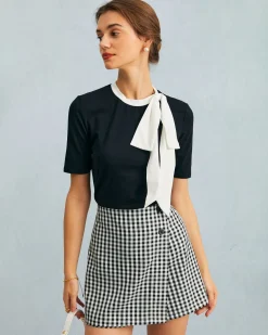 The Black Round Neck Colorblock Bowknot Top
