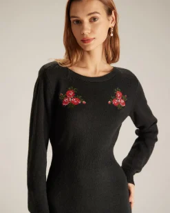 The Black Round Neck Embroidery Mini Dress